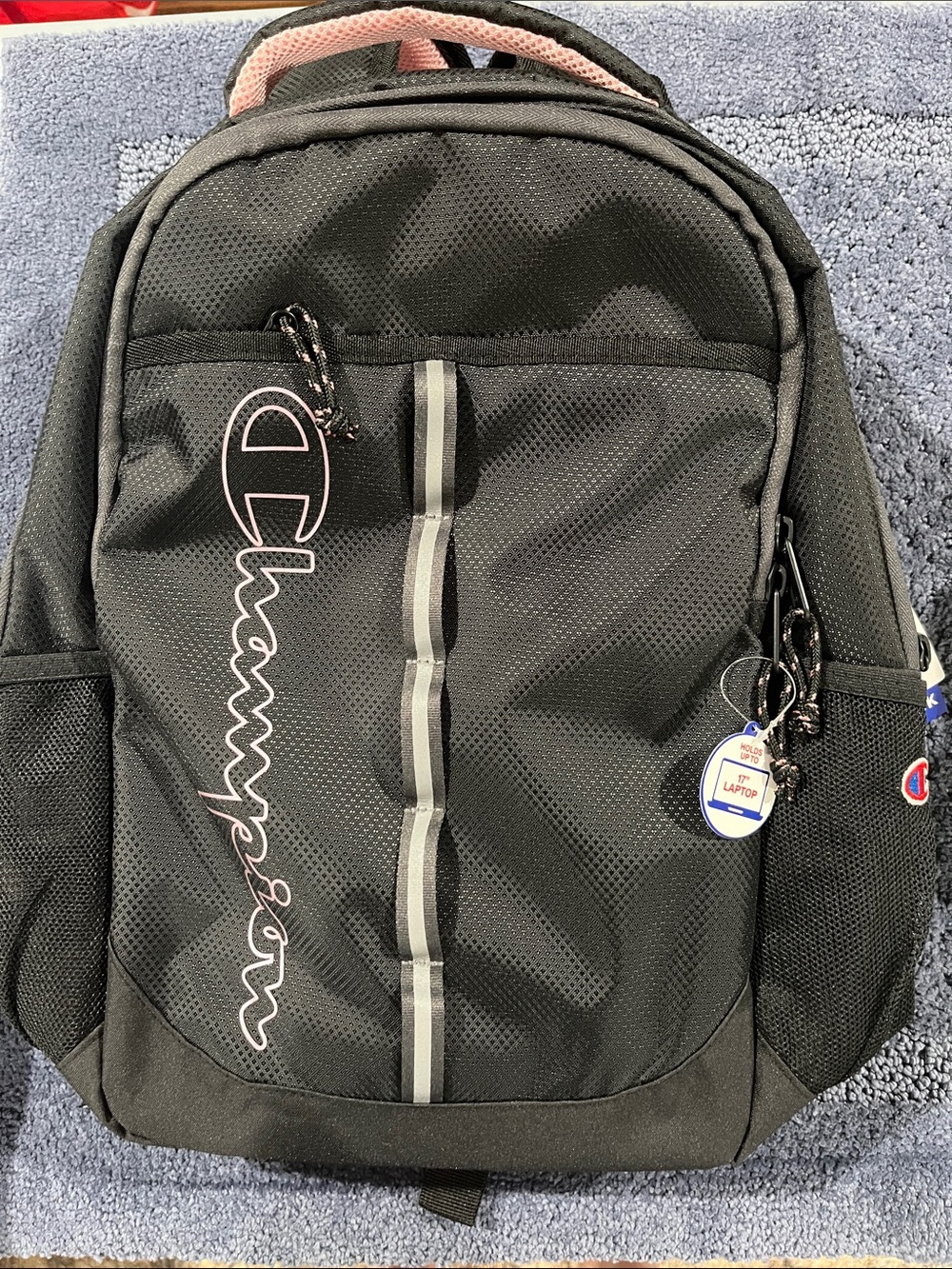 Champion Black Backpack with Pink Trim and Reflective Stripe